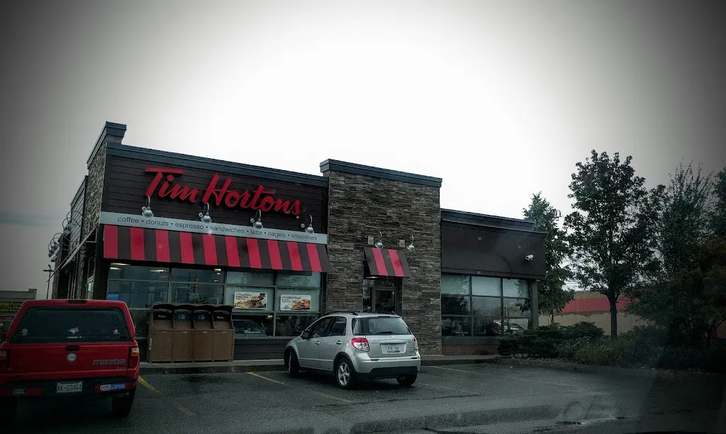 Tim Hortons storefront and interior at 155 Lynden Rd, Brantford, ON