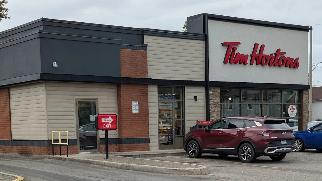 Tim Hortons storefront and interior at 164 Colborne St West, Brantford, ON