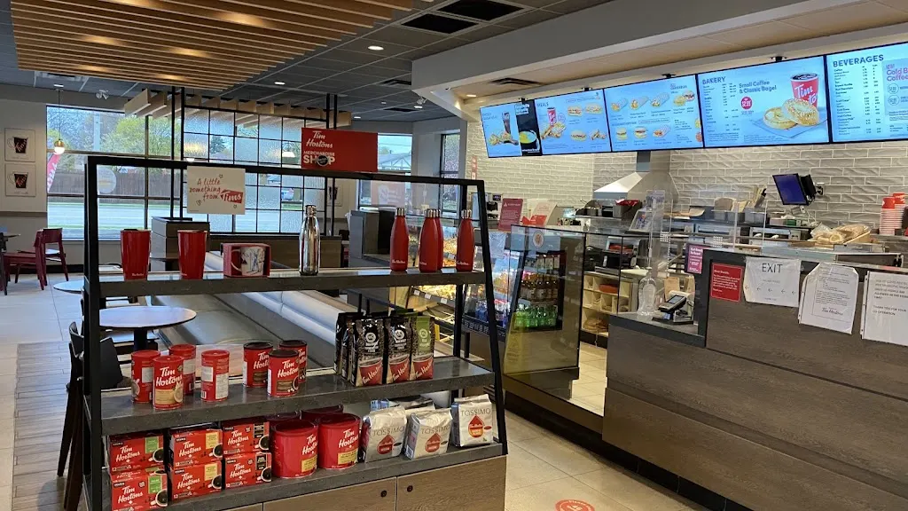 Tim Hortons storefront and interior at 177 Paris Rd, Brantford, ON