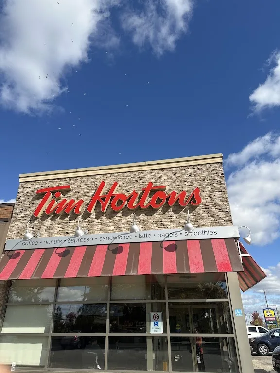 Tim Hortons storefront and interior at 225 Henry St, Brantford, ON