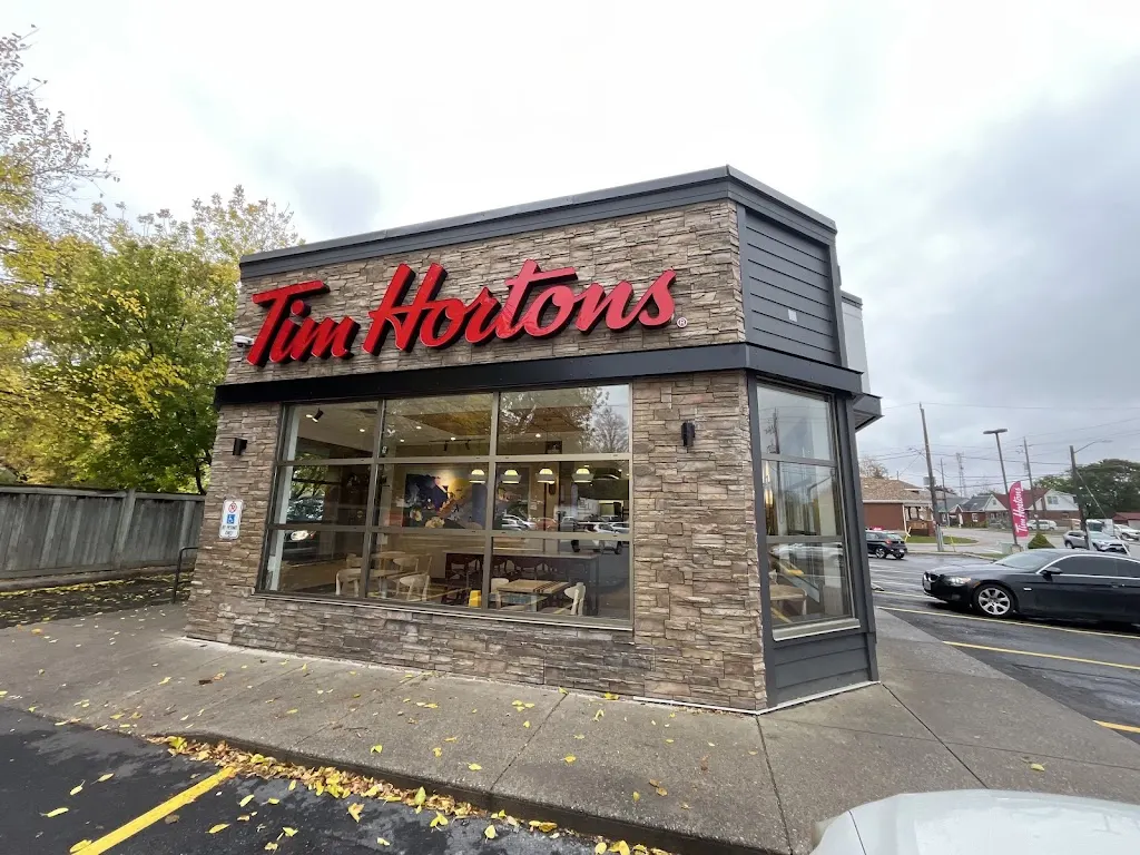 Tim Hortons storefront and interior at 236 King George Rd, Brantford, ON