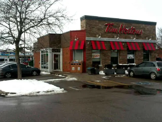 Tim Hortons storefront and interior at 610 West St, Brantford, ON