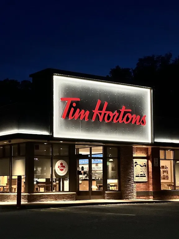 Tim Hortons storefront and interior at 648 Colborne St, Brantford, ON