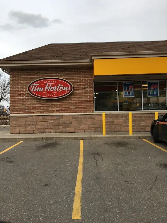 Tim Hortons storefront and interior at 14 Plains Rd East, Burlington, ON