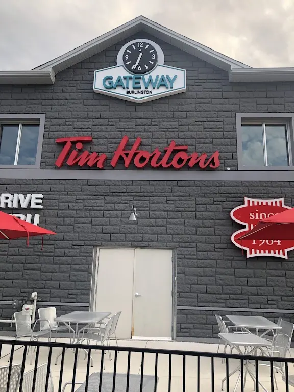 Tim Hortons storefront and interior at 1134 Plains Road West, Burlington, ON