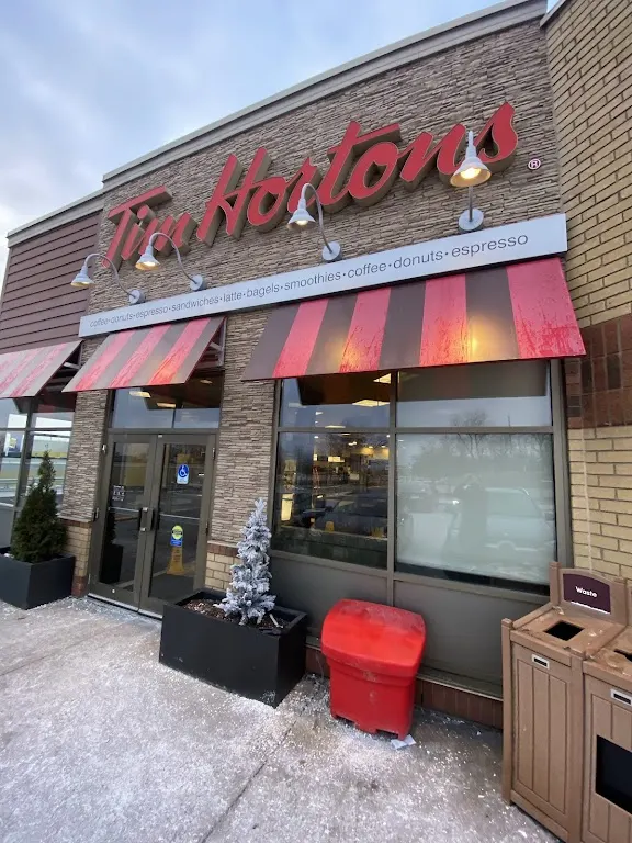 Tim Hortons storefront and interior at 1220 Brant St, Burlington, ON