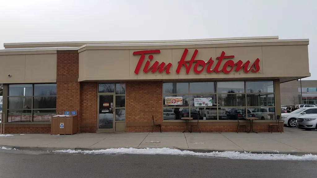 Tim Hortons storefront and interior at 1240 Burloak Dr, Burlington, ON