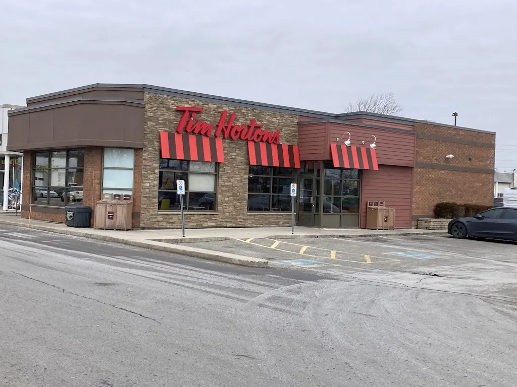 Tim Hortons storefront and interior at 3485 Harvester Rd, Burlington, ON