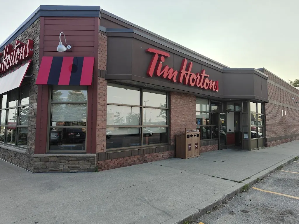 Tim Hortons storefront and interior at 5998 Mayfield Rd, Caledon, ON