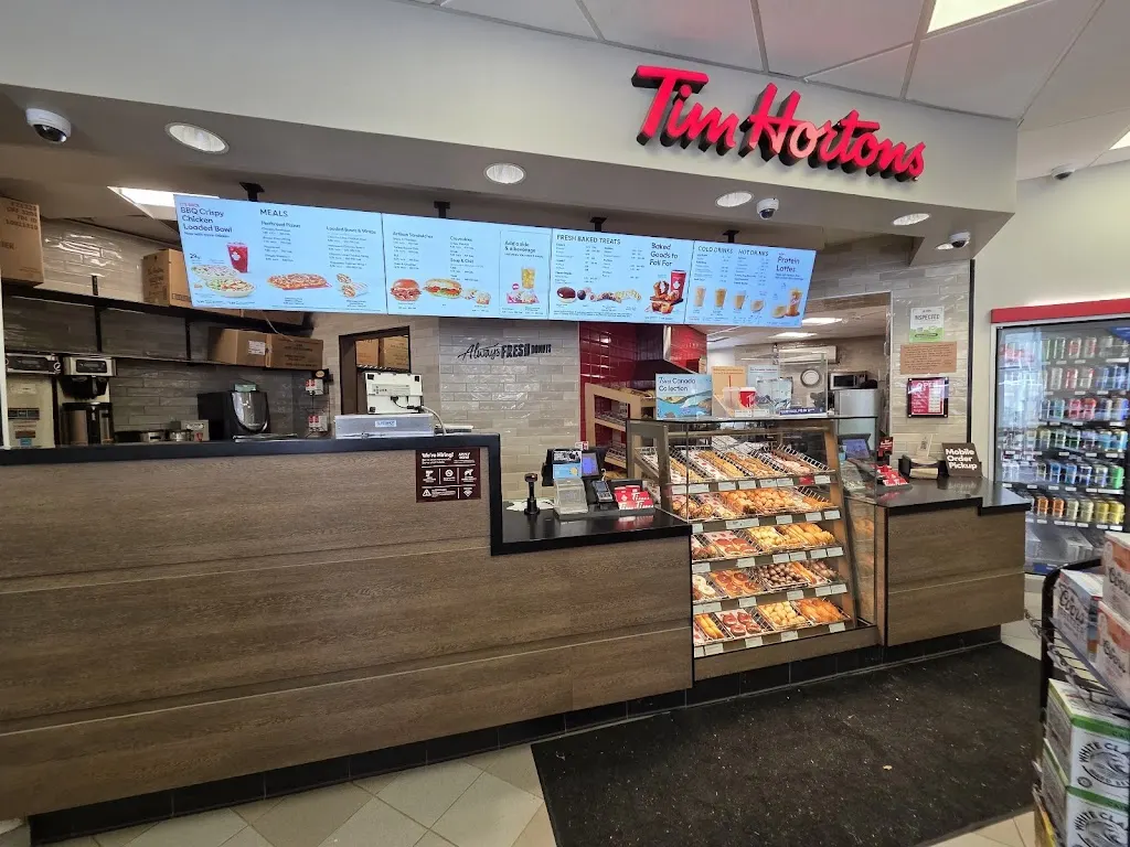 Tim Hortons storefront and interior at 9710 Hwy 9, Caledon, ON