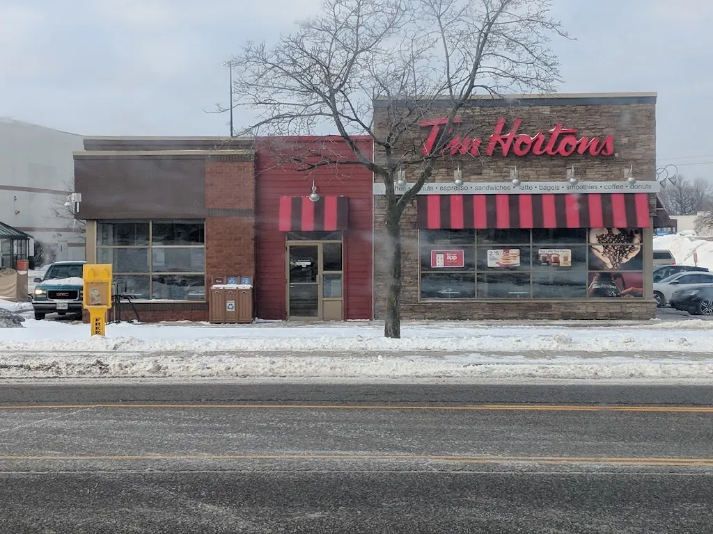 Tim Hortons storefront and interior at 150 Holiday Inn Dr, Cambridge, ON