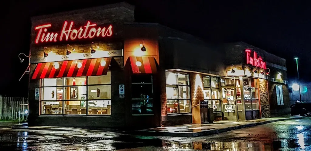 Tim Hortons storefront and interior at 51 Talbot St. W., Cayuga, ON