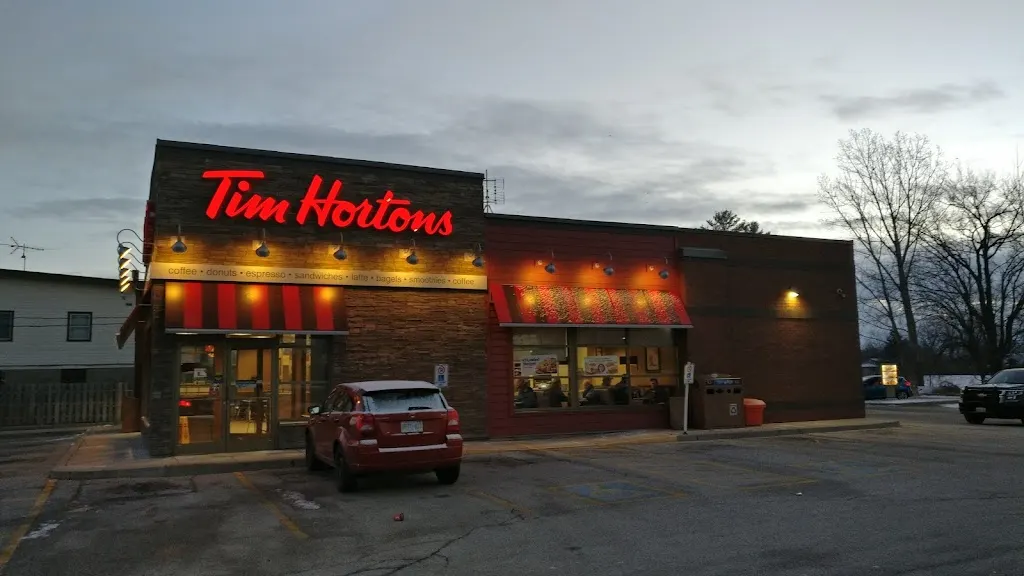 Tim Hortons storefront and interior at 510 Grand Ave, Chatham, ON
