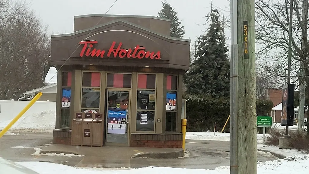 Tim Hortons storefront and interior at 599 Hurontario St, Collingwood, ON