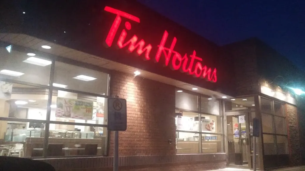 Tim Hortons storefront and interior at 1144 North St, Dresden, ON