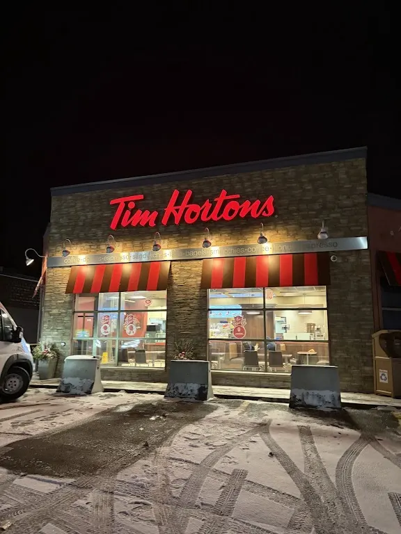 Tim Hortons storefront and interior at 38 York Rd, Dundas, ON