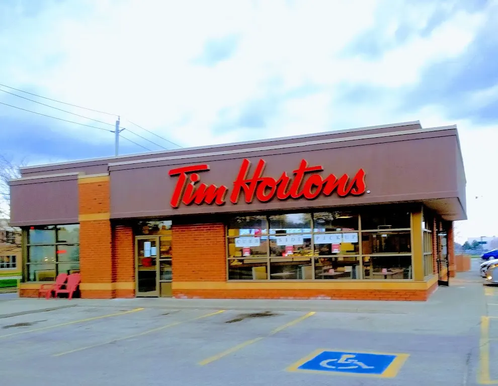Tim Hortons storefront and interior at 305 Arthur St South, Elmira, ON