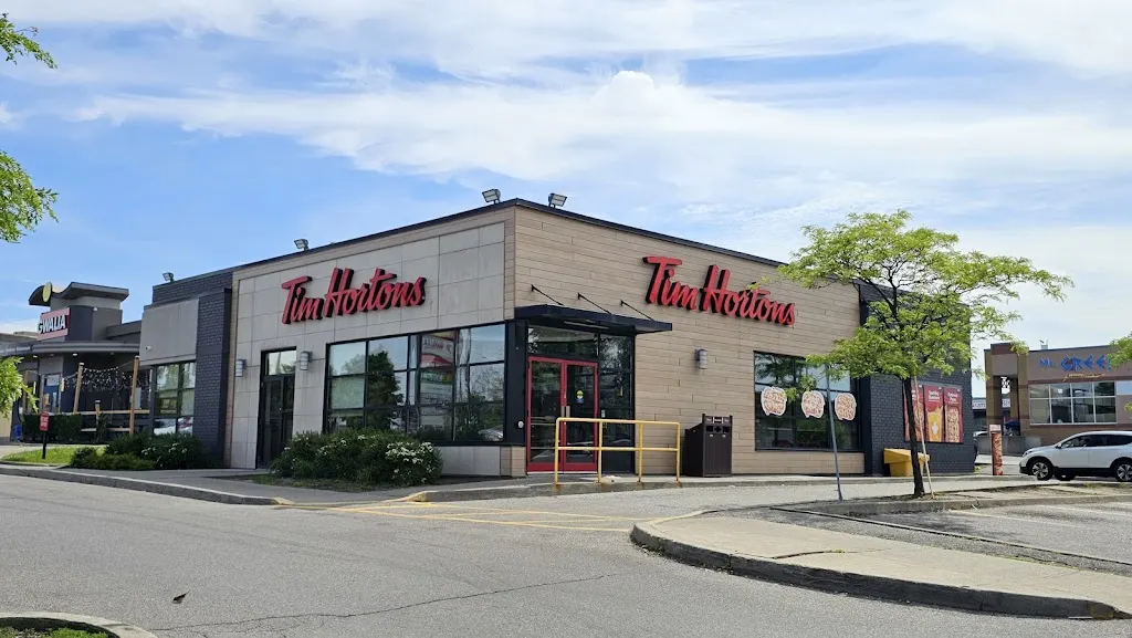 Tim Hortons storefront and interior at 25 Woodbine Downs Blvd, Etobicoke, ON