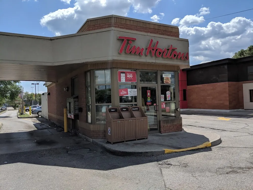 Tim Hortons storefront and interior at 1569 The Queensway, Etobicoke, ON