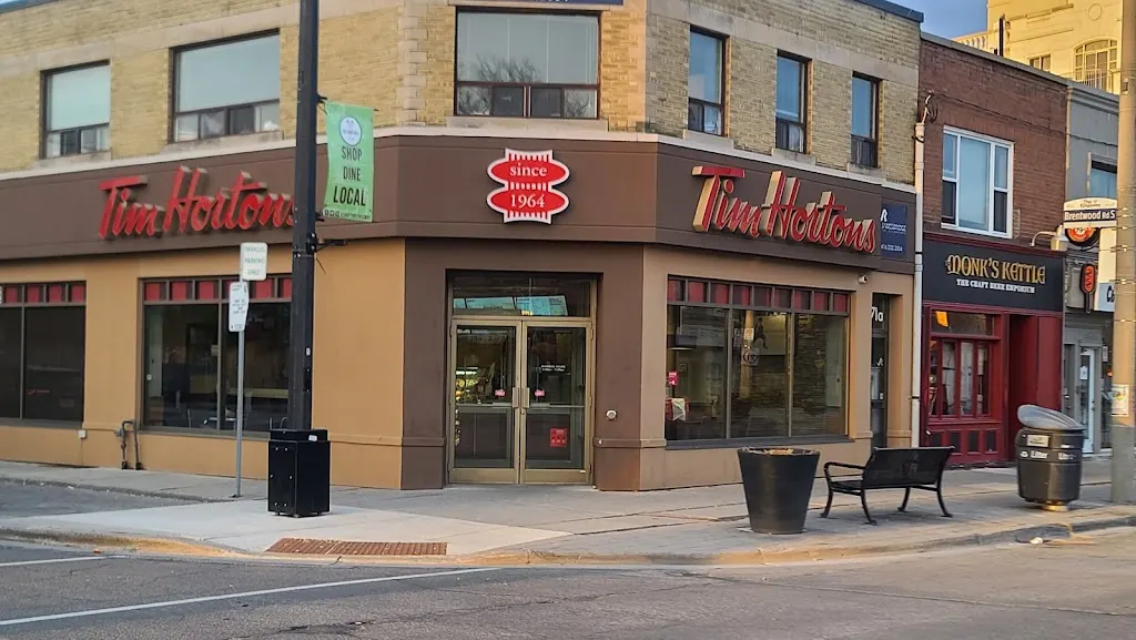Tim Hortons storefront and interior at 3071 Bloor St West, Etobicoke, ON