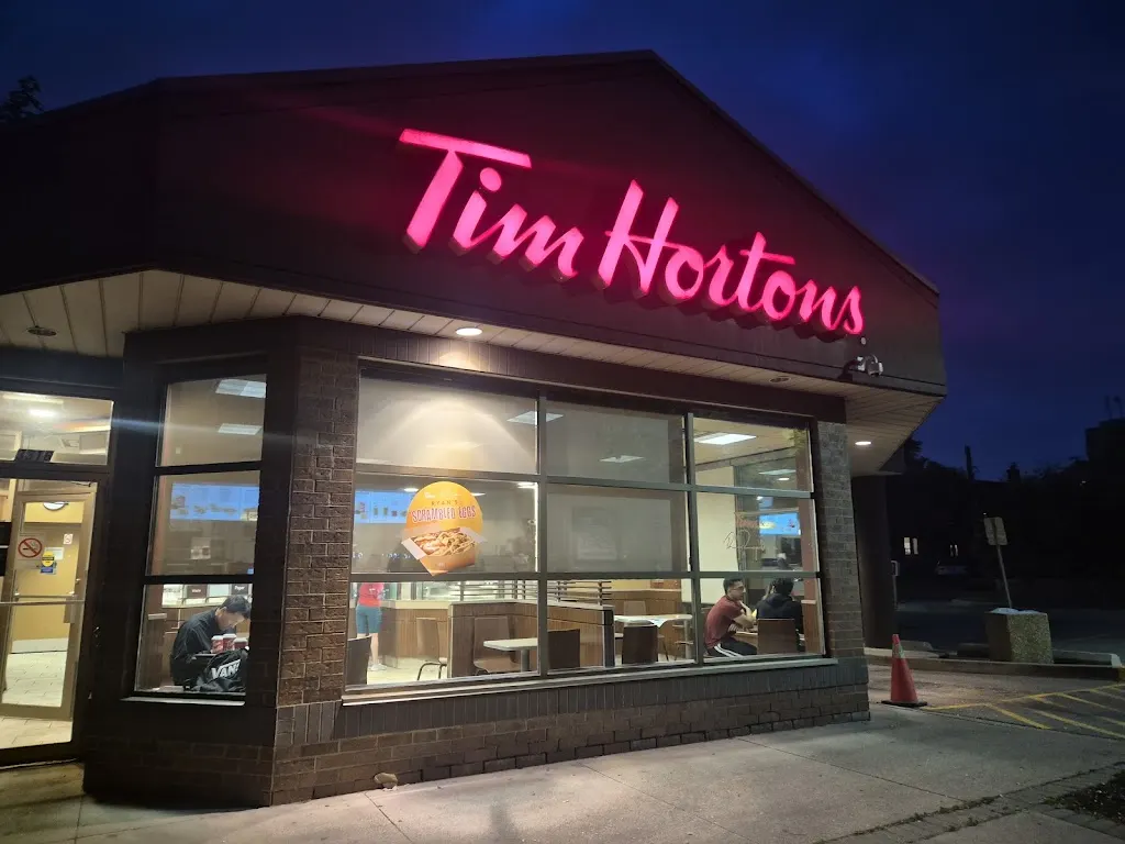 Tim Hortons storefront and interior at 3316 Lakeshore Rd West, Etobicoke, ON