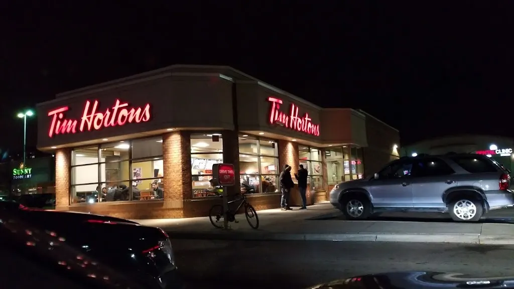 Tim Hortons storefront and interior at 6220 Finch Avenue West, Etobicoke, ON