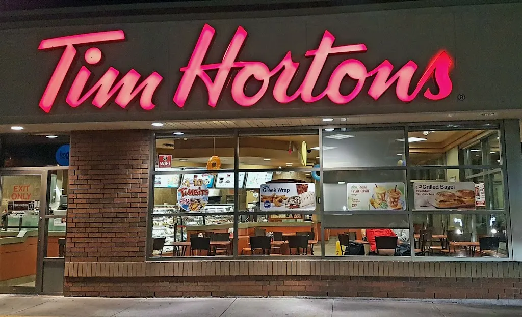 Tim Hortons storefront and interior at 23 Lindsay St, Fenelon Falls, ON