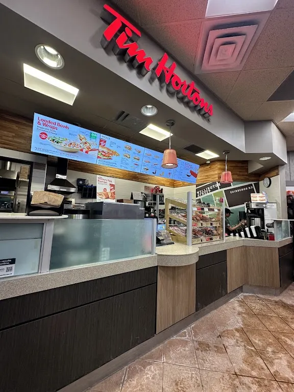 Tim Hortons storefront and interior at 110 Silvercreek Parkway N, Guelph, ON