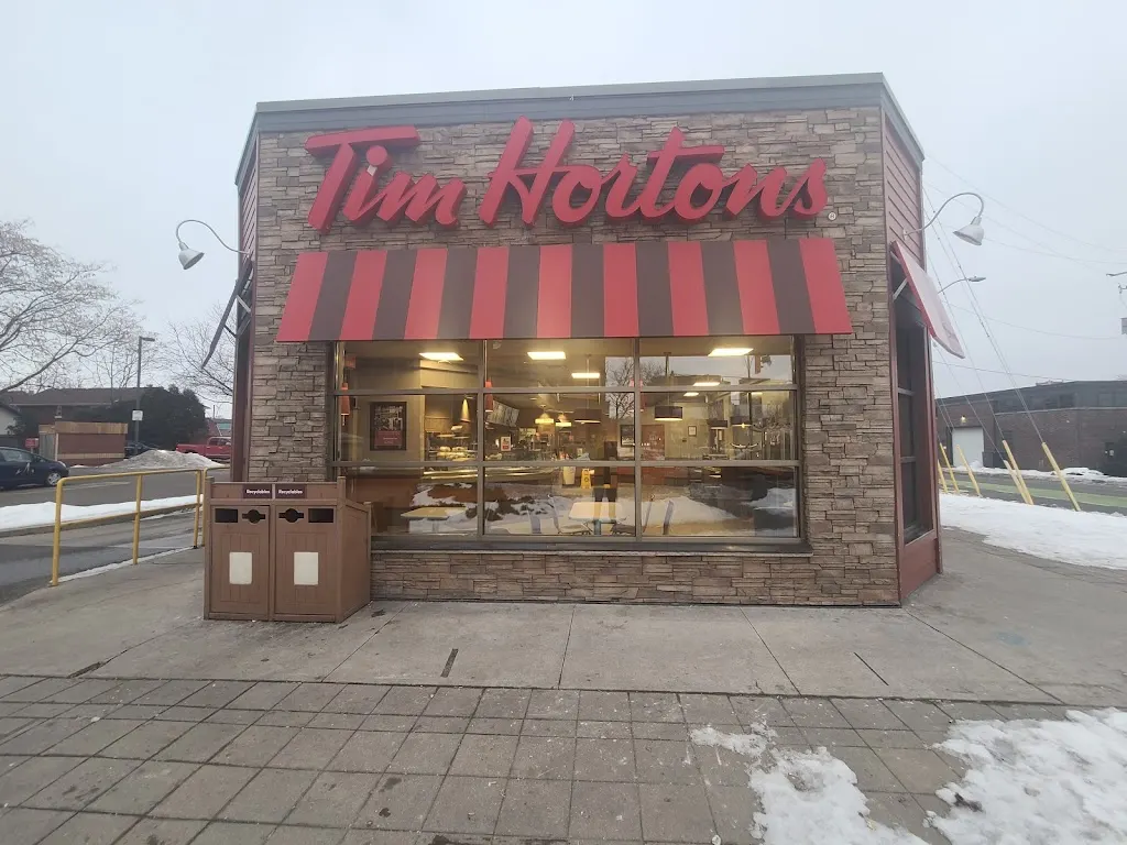Tim Hortons storefront and interior at 257 Main St E, Hamilton, ON