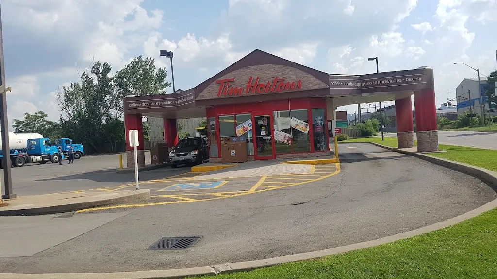 Tim Hortons storefront and interior at 418 Sherman Ave North, Hamilton, ON
