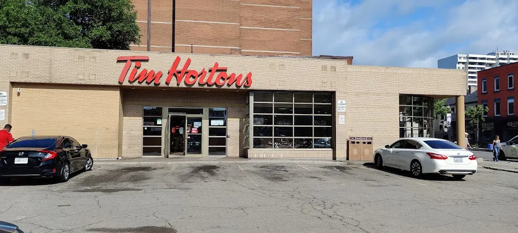 Tim Hortons storefront and interior at 443 Main Street West, Hamilton, ON