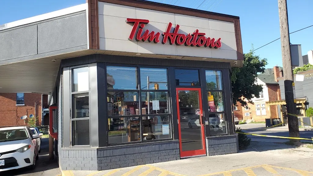 Tim Hortons storefront and interior at 503 Main St E, Hamilton, ON