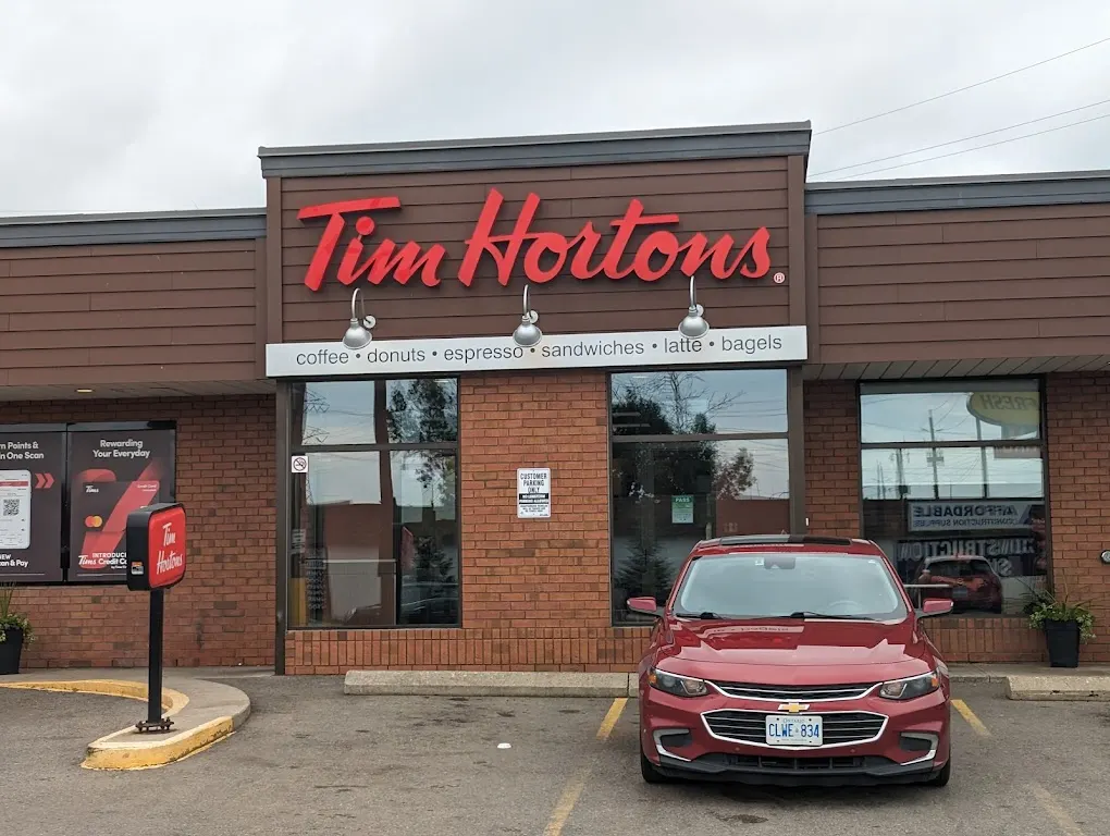 Tim Hortons storefront and interior at 634 Parkdale Ave North, Hamilton, ON