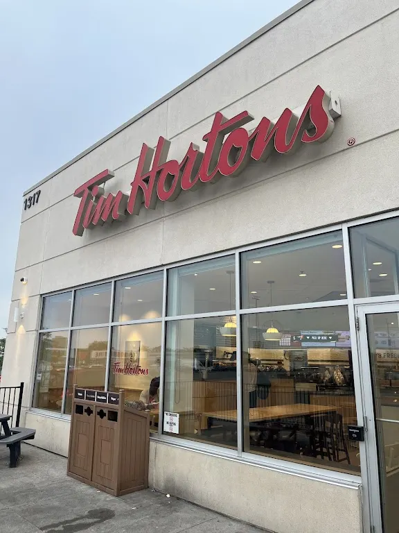 Tim Hortons storefront and interior at 1317 Barton St E, Hamilton, ON