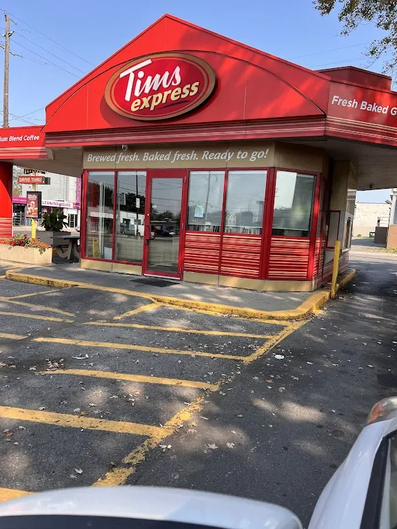 Tim Hortons storefront and interior at 2471 Barton St E, Hamilton, ON