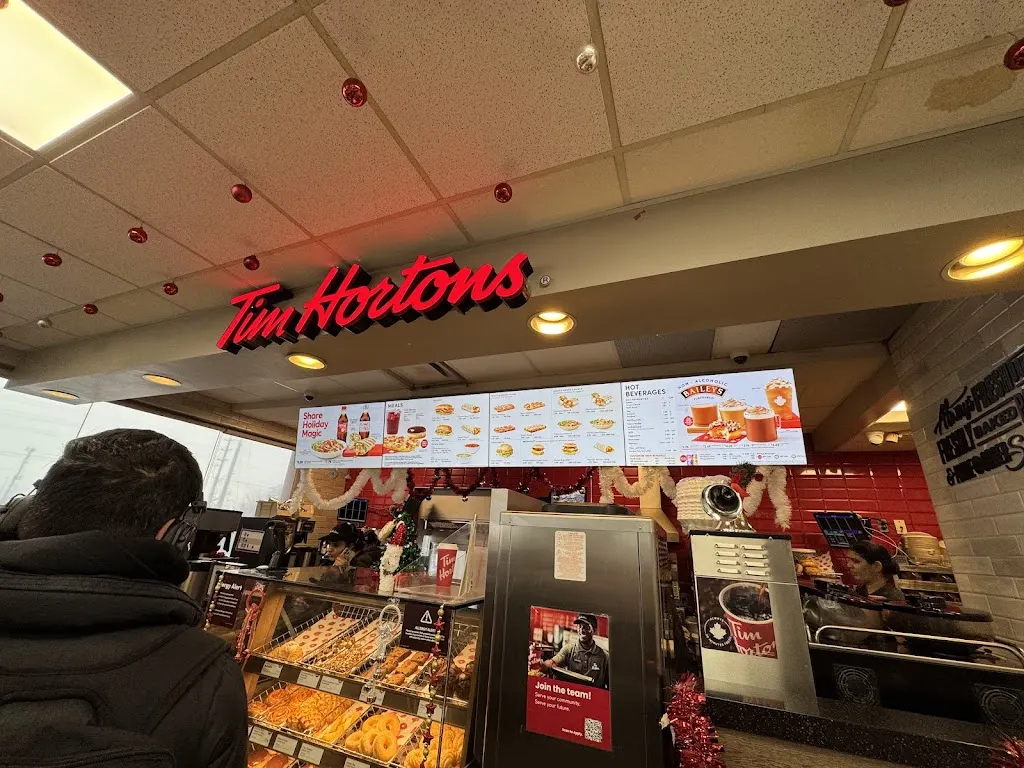 Tim Hortons storefront and interior at 13605 Steeles Ave, Hornby, ON