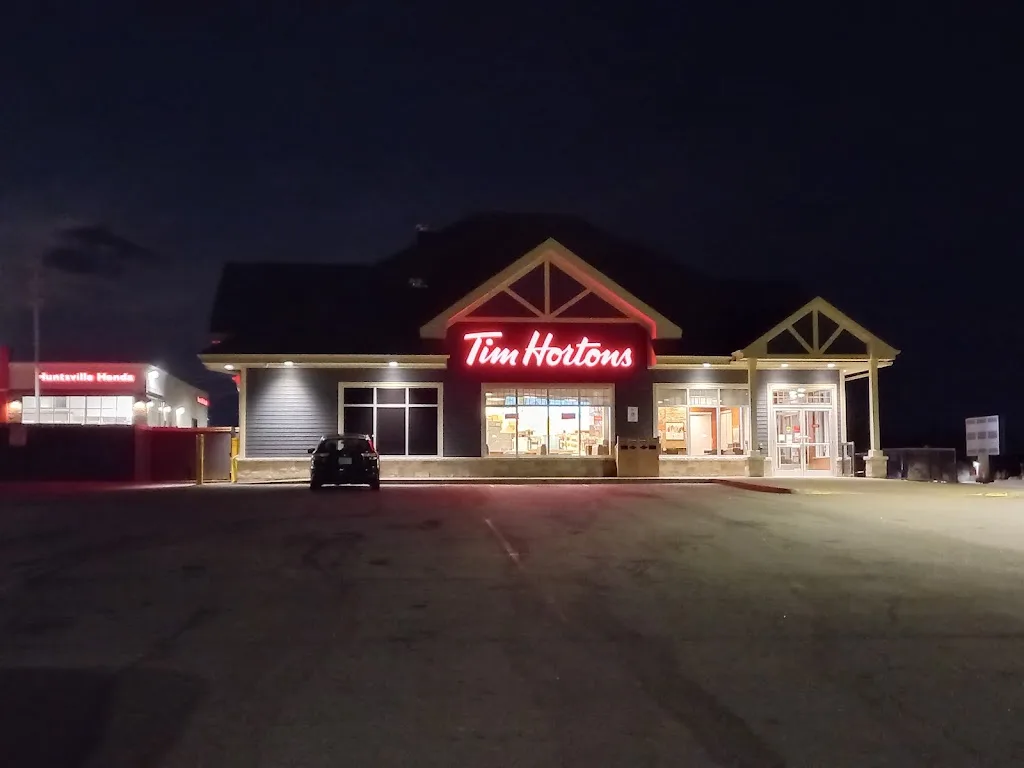 Tim Hortons storefront and interior at 1 Capstone Lane, Huntsville, ON