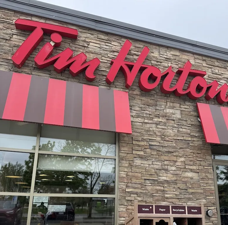 Tim Hortons storefront and interior at 443 The Queensway South, Keswick, ON