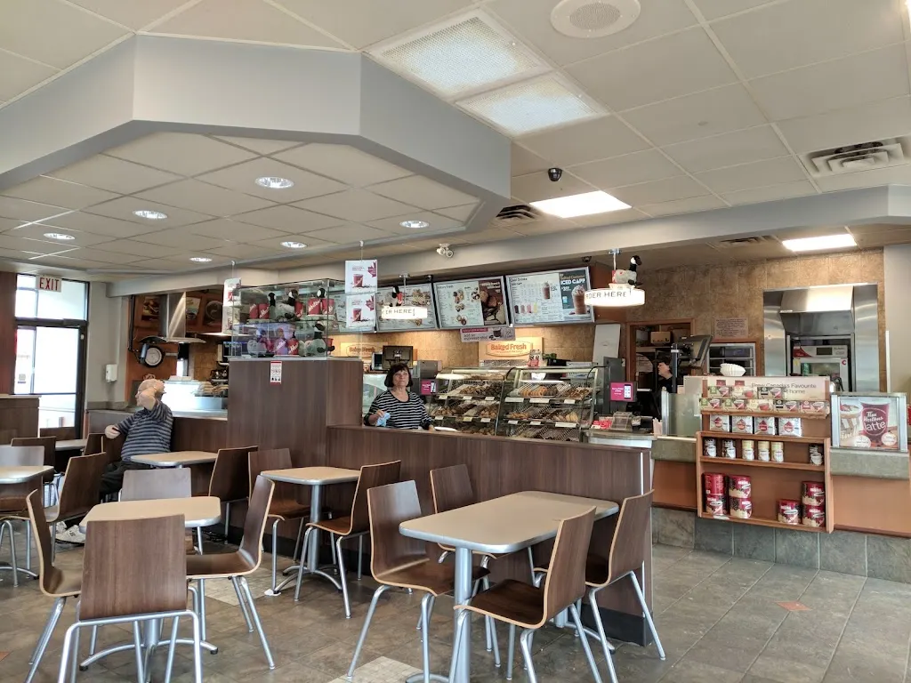 Tim Hortons storefront and interior at 335 Main St East, Kingsville, ON