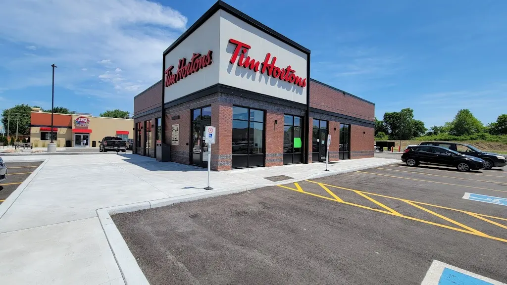 Tim Hortons storefront and interior at 1768 Division St N, Kingsville, ON