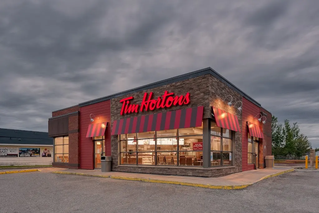 Tim Hortons storefront and interior at 70 Government Rd East, Kirkland Lake, ON