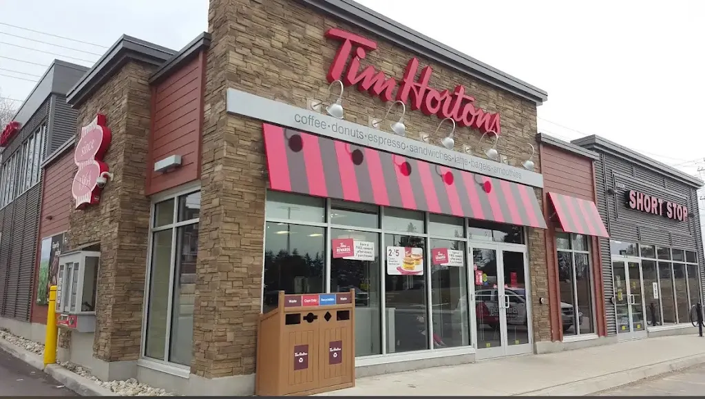 Tim Hortons storefront and interior at 301-1415 Huron Road, Kitchener, ON