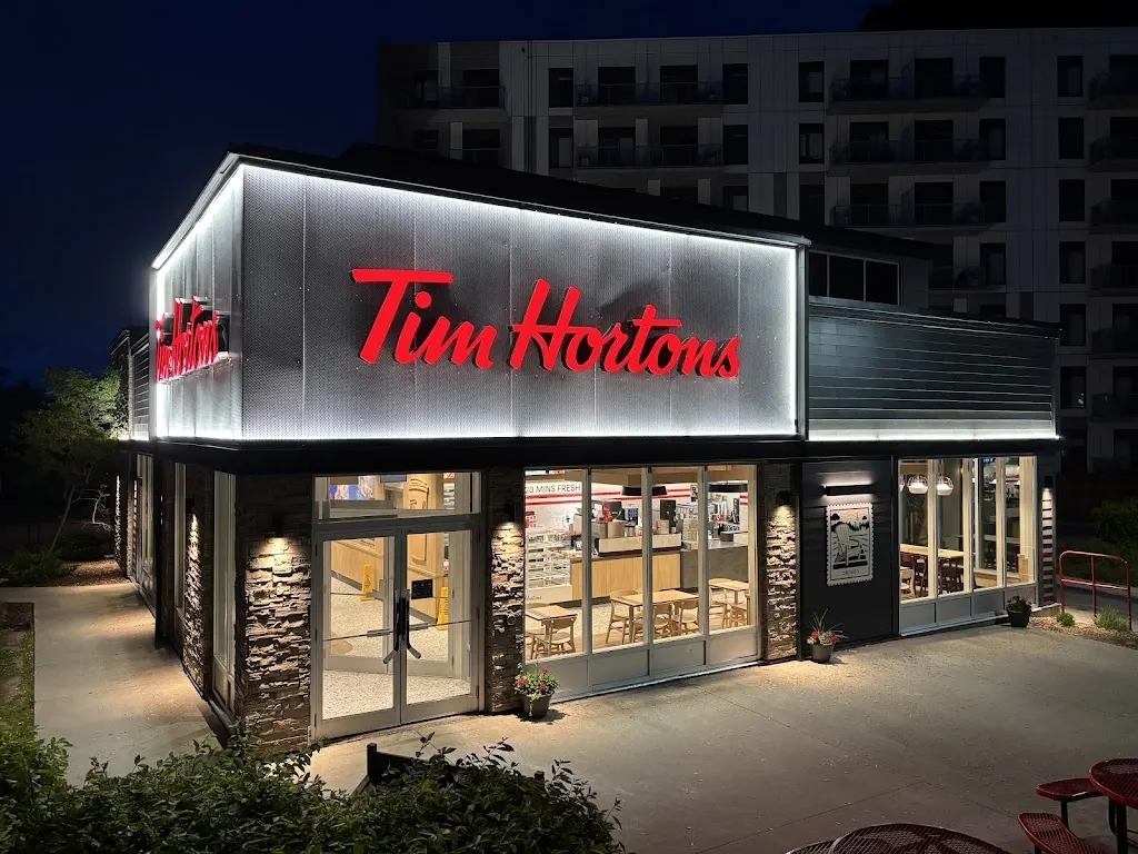 Tim Hortons storefront and interior at 526 Lancaster St W, Kitchener, ON