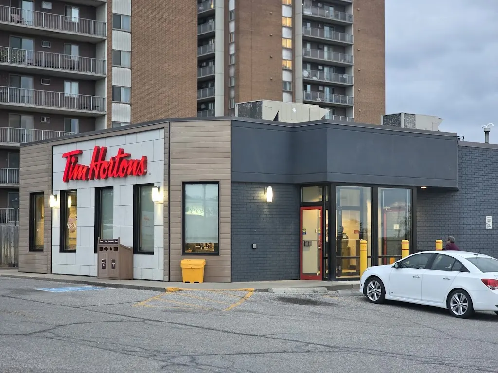 Tim Hortons storefront and interior at 250 Erie St S, Leamington, ON