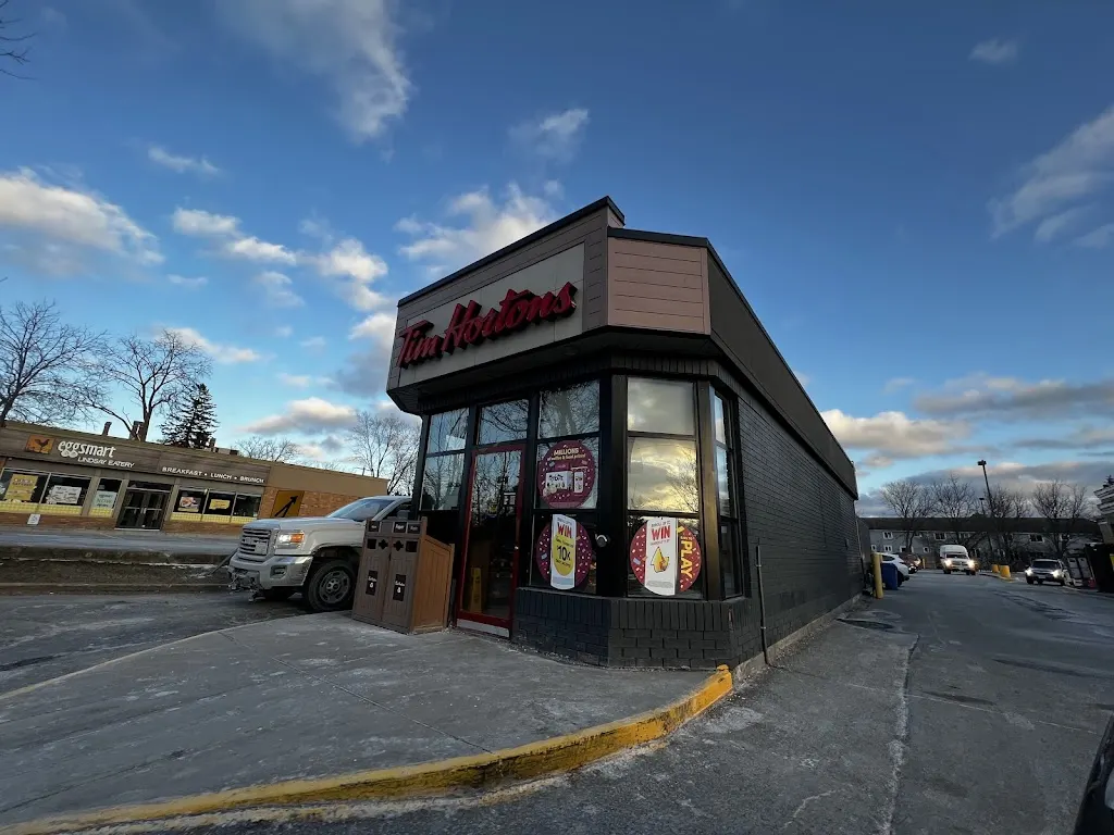 Tim Hortons storefront and interior at 329 Kent St W, Lindsay, ON