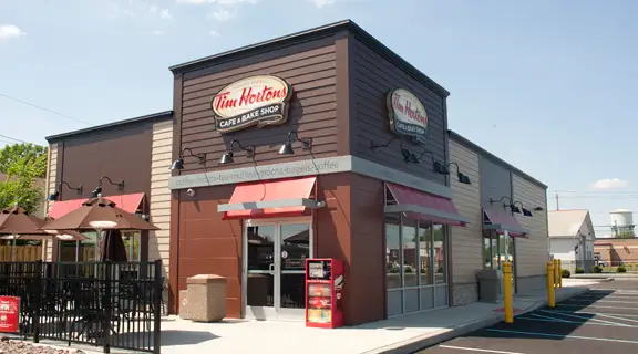 Tim Hortons storefront and interior at 4343 Wellington Rd S, London, ON