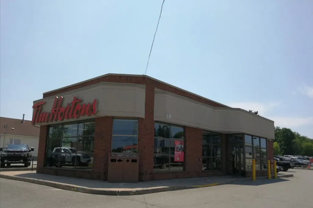 Tim Hortons storefront and interior at 830 King St, Midland, ON