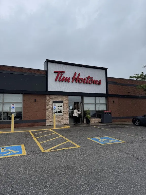 Tim Hortons storefront and interior at 475 Courtney Park Dr E, Mississauga, ON