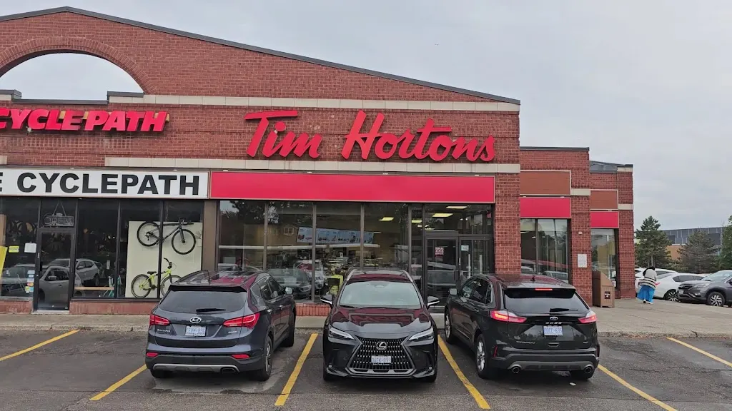 Tim Hortons storefront and interior at 1170 Burnhamthorpe Rd West, Mississauga, ON