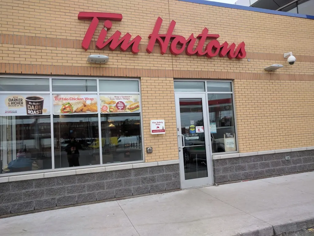 Tim Hortons storefront and interior at 6080 Dixie Rd, Mississauga, ON